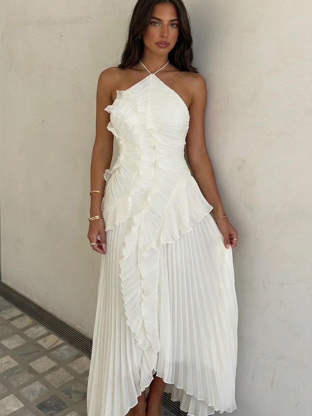 Portia and Scarlett Ivory Pleated Halter Ruffle Midi Dress